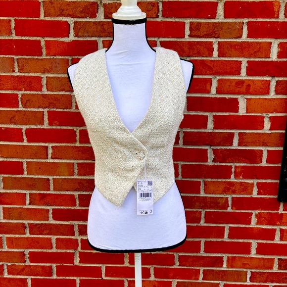 Mango Jackets & Blazers - NWT Mango Creme & Metallic Tweed V Neck Sleeveless Jewel Button Vest Womens XS